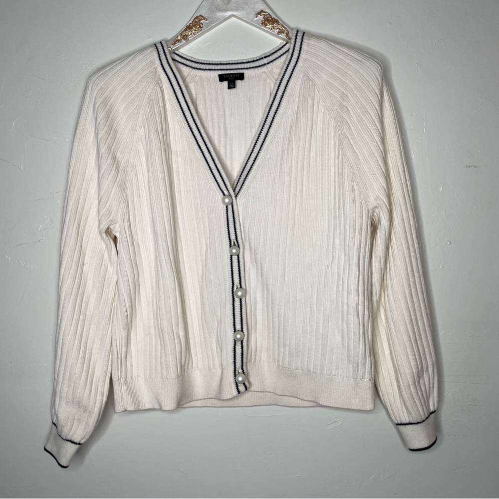 TALBOTS CREAM AND NAVY BLUE PEARL BUTTON DOWN CARDIGAN SZ L